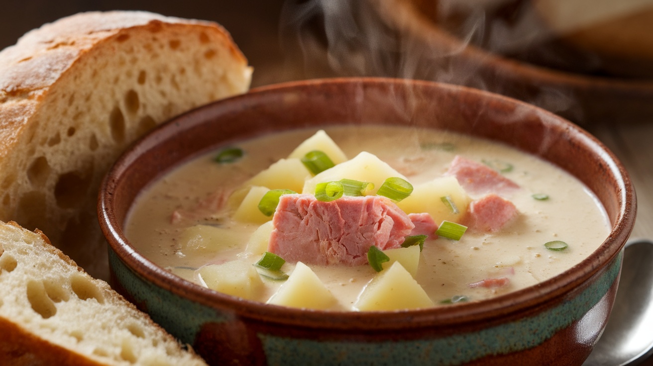 A cozy bowl of creamy ham and potato soup garnished with green onions, alongside a slice of crusty bread.